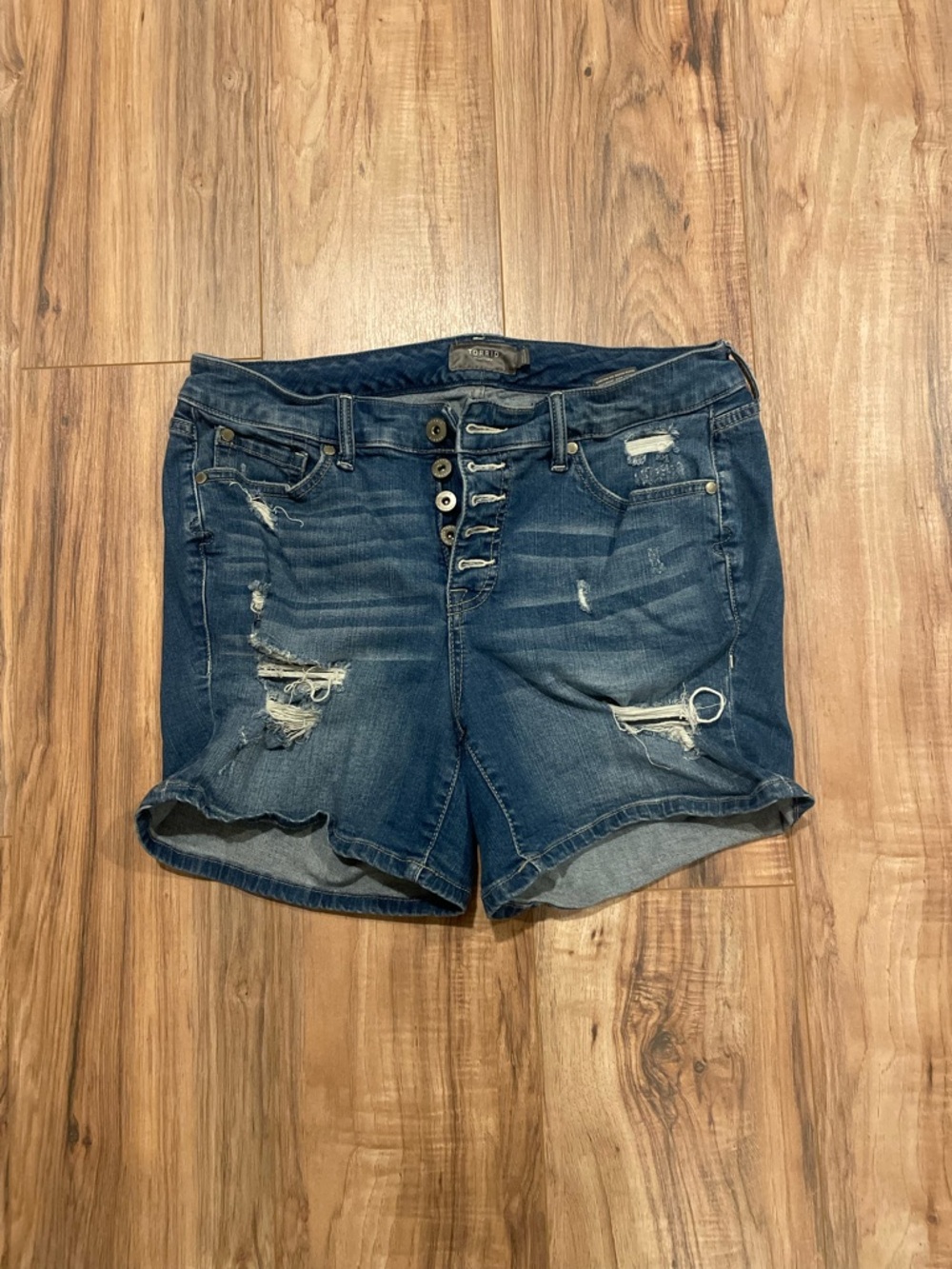 Torrid Dark Blue Distressed High-Rise Button-Front Denim Shorts